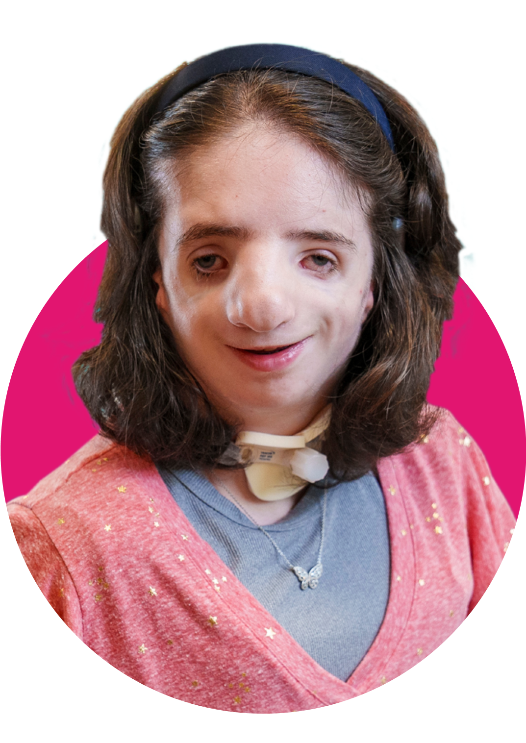 Graphic of Aubrey in front of a pink circle shape.